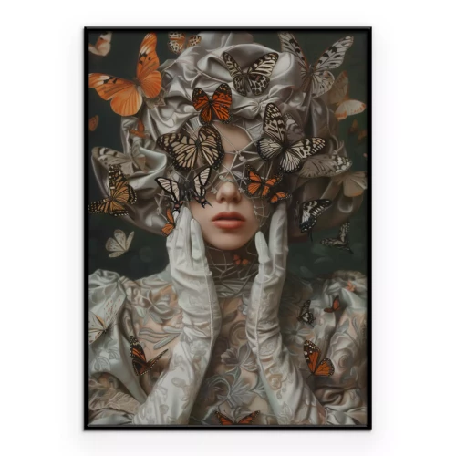 Poster Eine Frau inmitten von Schmetterlingen in einer künstlerischen Komposition