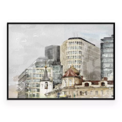 Poster Aquarell-Stadtgebäude auf hellem Hintergrund