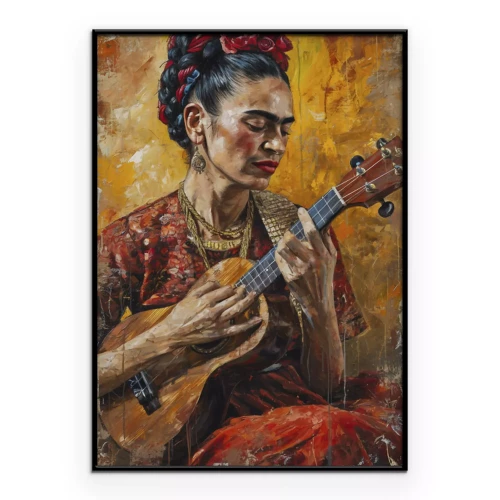 Poster Porträt von Frida Kahlo mit einer Ukulele vor gelbem Hintergrund