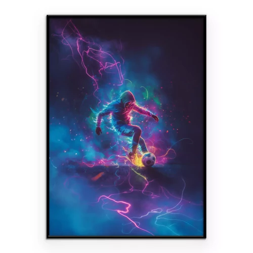 Poster Farbenfrohe Silhouette eines Fußballspielers vor abstraktem Hintergrund