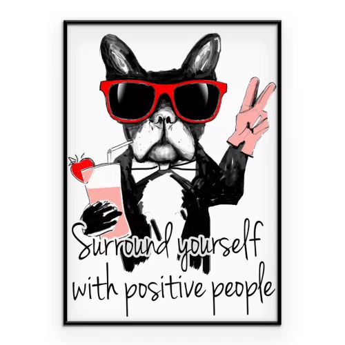 Poster Humorvoller Bulldogge mit Brille und Cocktail