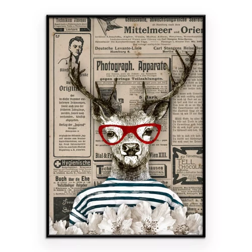 Poster Porträt eines Hirsches mit Brille vor einem Zeitungshintergrund