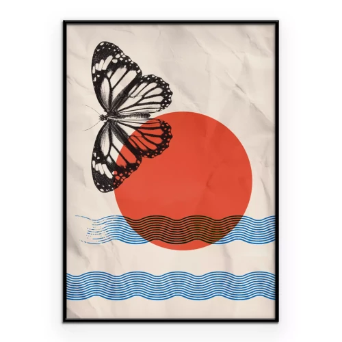 Poster Ein schwarzer Schmetterling vor einem Hintergrund mit Wellen und einer roten Sonne.