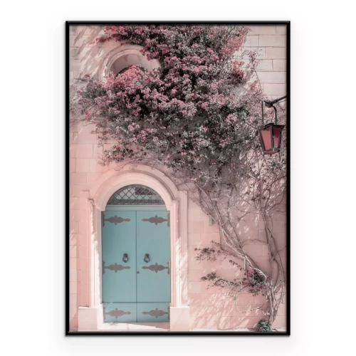 Poster Bepflanzter Eingangsbereich mit blauer Tür