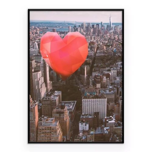 Poster Ein Herz, das über den Stadtgebäuden schwebt