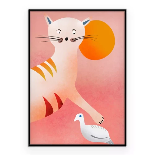 Poster Rosa Illustration mit einer Katze und einem kleinen Vogel