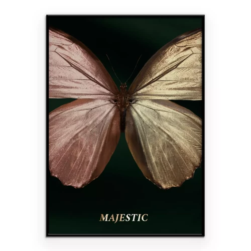 Poster Ein rosafarbener und goldener Schmetterling mit dem Wort „Majestic“ darauf.