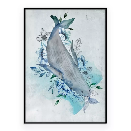 Poster Aquarellkomposition mit einem Wal und blauen Blumen