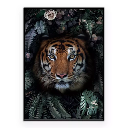 Poster Tigerkopf im Laub