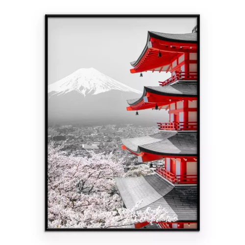 Poster Rote Pagode mit dem Berg Fuji und Kirschblüten