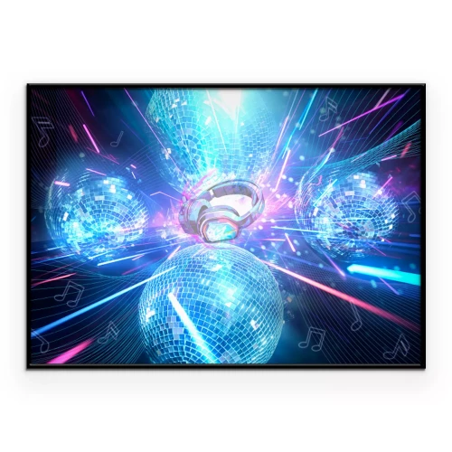 Poster Kopfhörer und Discokugeln in Neonlichtern