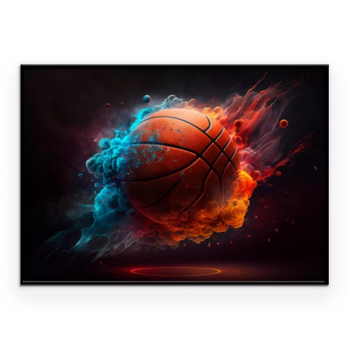 Poster Oranger Basketball mit bunten Flammen