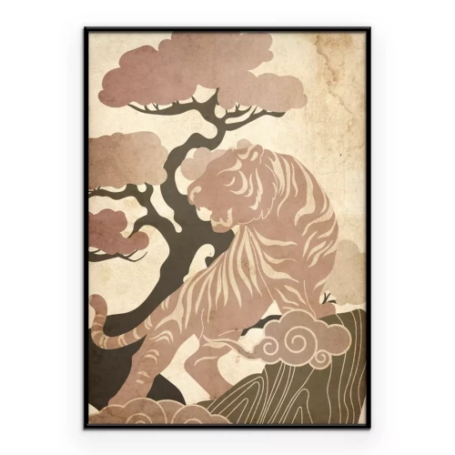 Poster Beige Illustration eines Tigers im orientalischen Stil