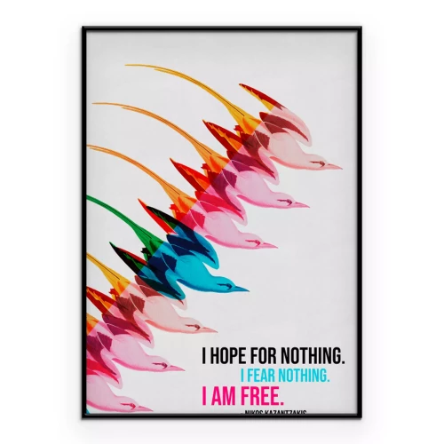 Poster Ein Zitat von Nikos Kazantzakis mit farbenfrohen Vogelsilhouetten