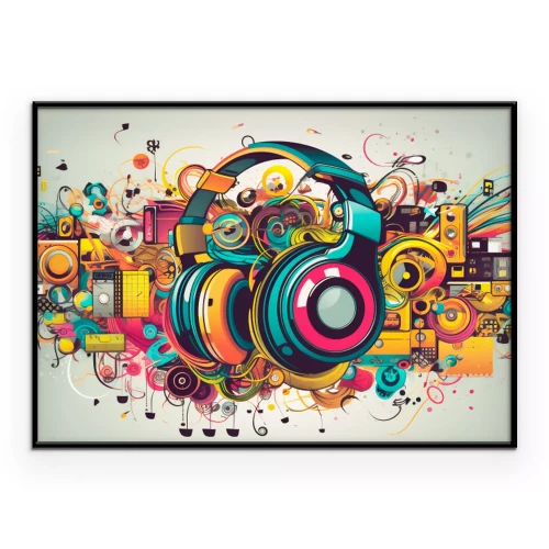 Poster Kopfhörer in einer mehrfarbigen Grafikkomposition