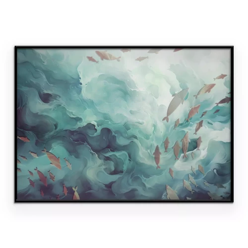Poster Ein Gemälde von Fischen in einem wirbelnden Ozean