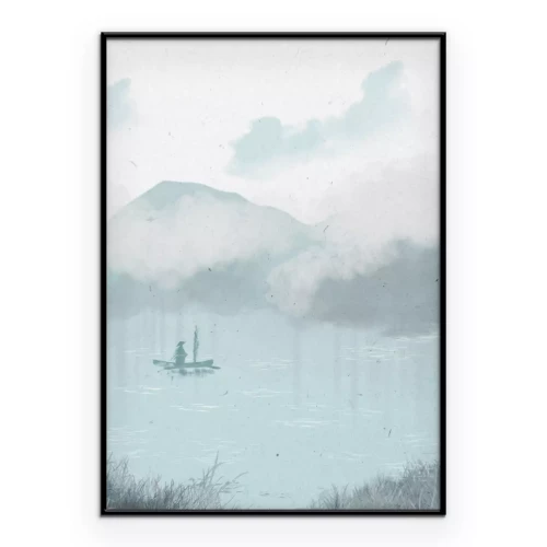 Poster Eine filigrane Illustration eines Bootes auf einem Bergsee