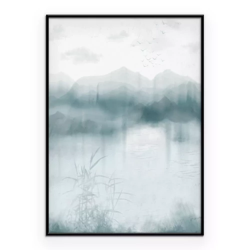 Poster Eine subtile Landschaft aus Bergen und blauem Wasser