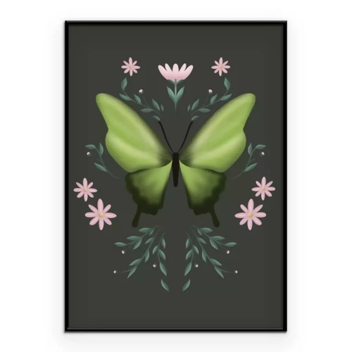 Poster Ein hellgrüner Schmetterling in einem Blumenarrangement