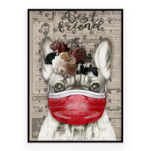 Poster Ein Hund mit Maske und Rosen auf dem Kopf