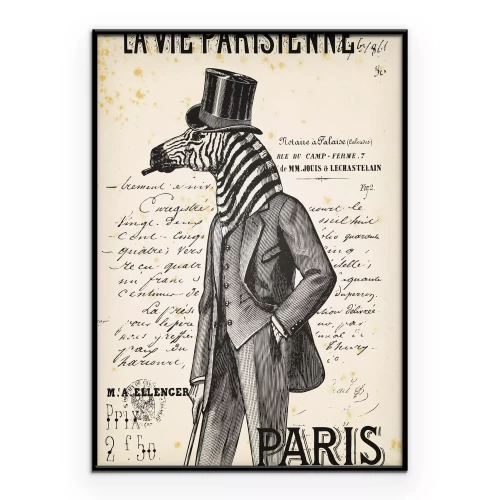 Poster Ein Zebra mit Hut vor dem Hintergrund einer Retro-Zeitung.