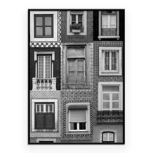 Poster Eine Sammlung dekorativer Fenster eines Mietshauses