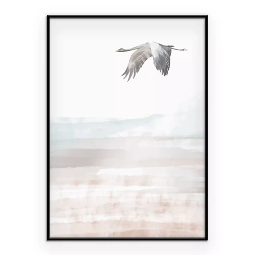 Poster Ein Vogel vor dem Hintergrund einer in Pastellfarben gehaltenen Aquarelllandschaft.