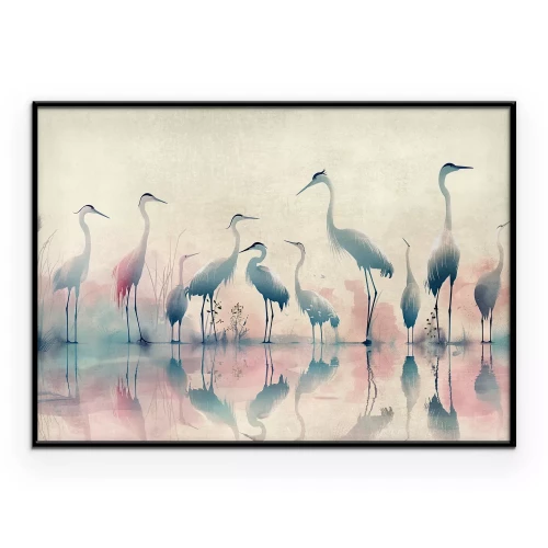 Poster Birds by the Lake - herons painted in watercolor in a delicate, gray-pink palette