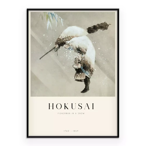 Poster Fischer, der im Schnee ein Netz trägt, Reproduktion von Hokusai