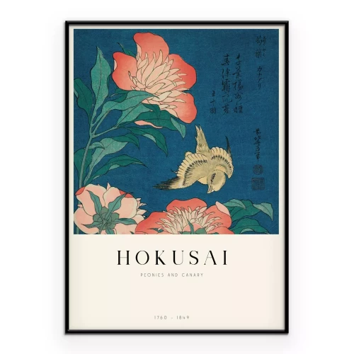 Poster Pfingstrosen und Kanarienvögel Reproduktion Hokusai