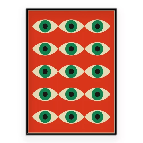 Poster Von Bauhaus inspirierte Abstraktion mit grünem Auge auf rotem Hintergrund