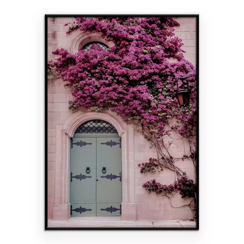 Poster Baum mit rosa Blumen vor schöner Architektur