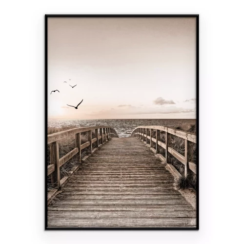 Poster Holzbrücke mit Blick auf den Sonnenuntergang über dem Meer