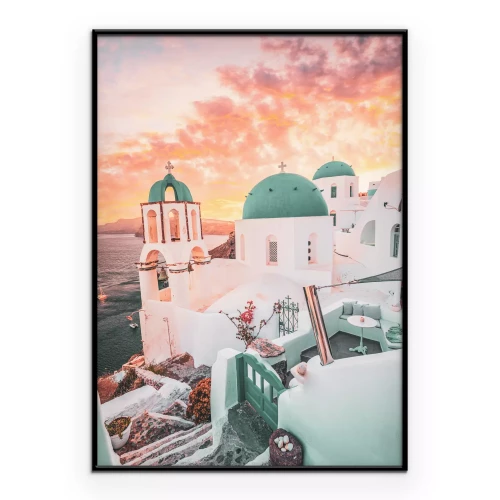 Poster Sonnenuntergang über Santorin malerische Landschaft
