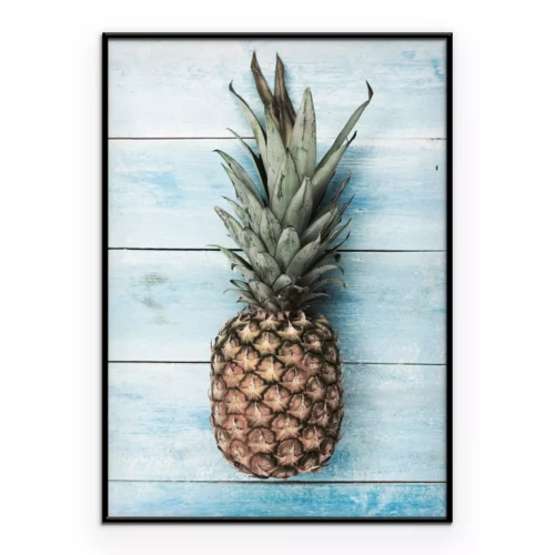 Poster Ananas auf blauem Holzhintergrund
