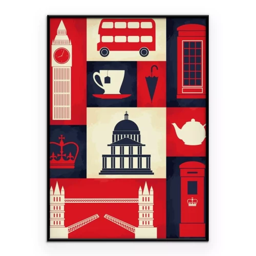 Poster Symbole, die mit London in einer grafischen Darstellung verbunden sind