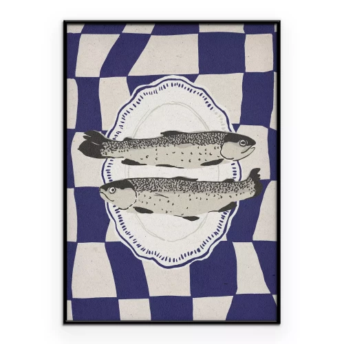 Poster Fisch auf einem Teller vor kariertem Hintergrund