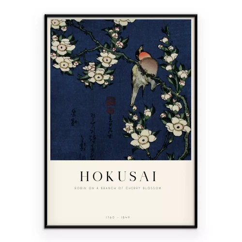 Poster Hokusai Reproduktion Rotkehlchen auf einem blühenden Kirschzweig