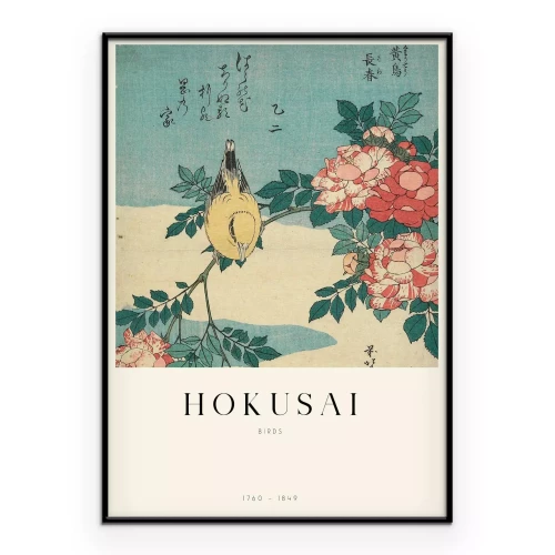 Poster Hokusai Vogel auf einem Zweig mit Blumen