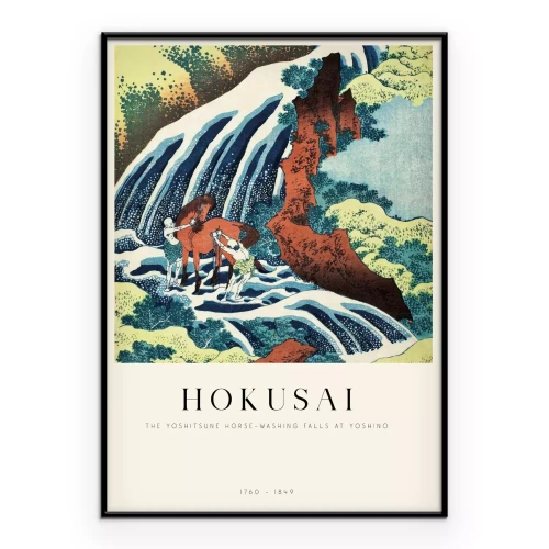 Poster Hokusai Wasserfall und Yoshitsune, der sein Pferd wäscht