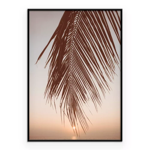 Poster Meereslandschaft bei Sonnenuntergang mit Palmenblatt