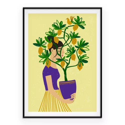 Poster Frau mit einem Zitronenbaum moderne Illustration