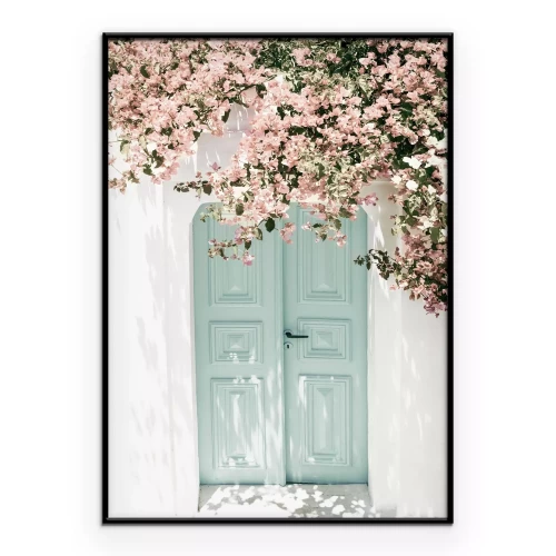 Poster Rosa Blumen am Baum und mintfarbene Türen Architektur