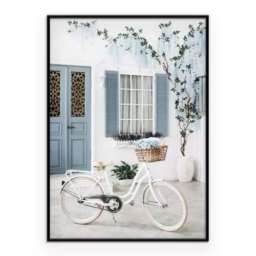 Poster Weißes Fahrrad mit blauen Blumen