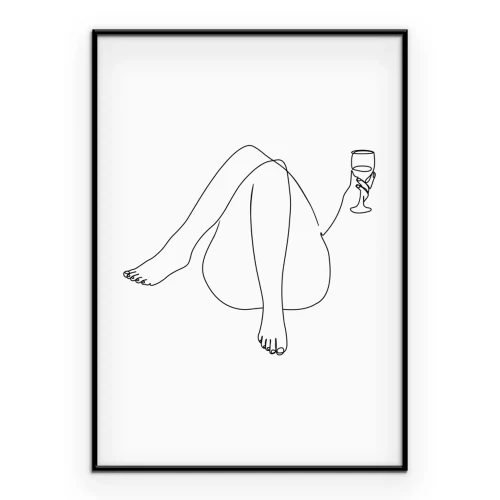Poster Frau mit Wein im Line-Art-Stil