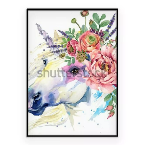 Poster Einhornkopf-Grafik im Aquarellstil mit Blumen