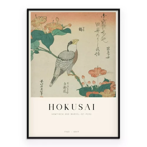 Poster Hokusai Reproduktion Mirabilis jalapa und Kernbeißer