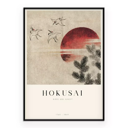 Poster Vögel und Sonnenuntergang Reproduktion von Hokusai