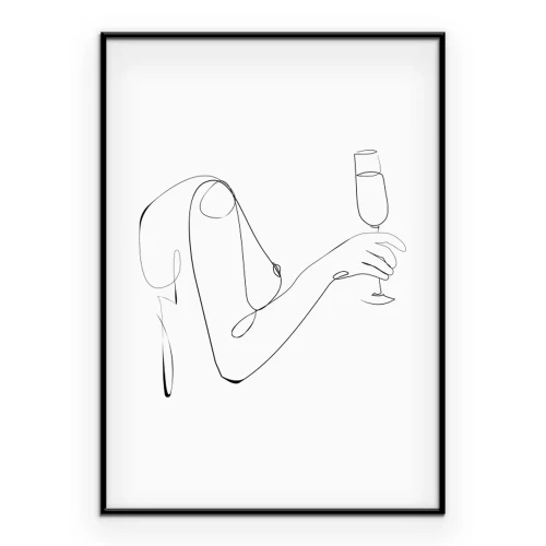 Poster Frau mit einem Weinglas im Line-Art-Stil
