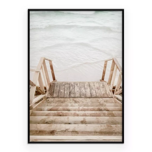 Poster Holztreppe zum Meer und sandiger Strand